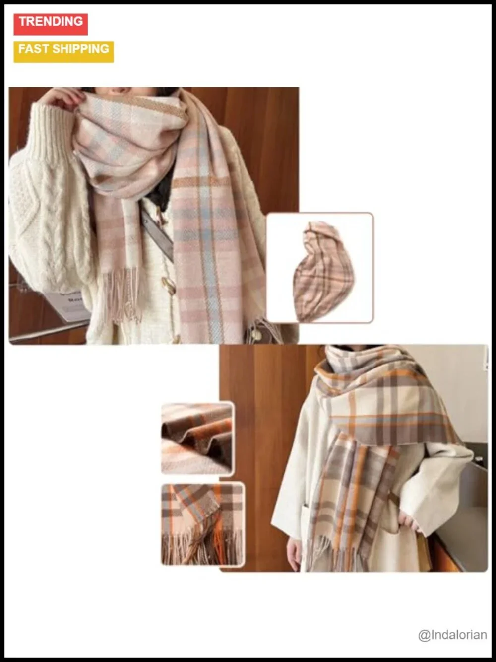 Super Soft Cashmere Feel Plaid Fringe Shawl Wrap Scarf
